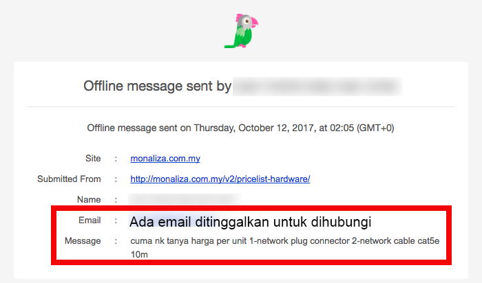 offline message dari Tawk